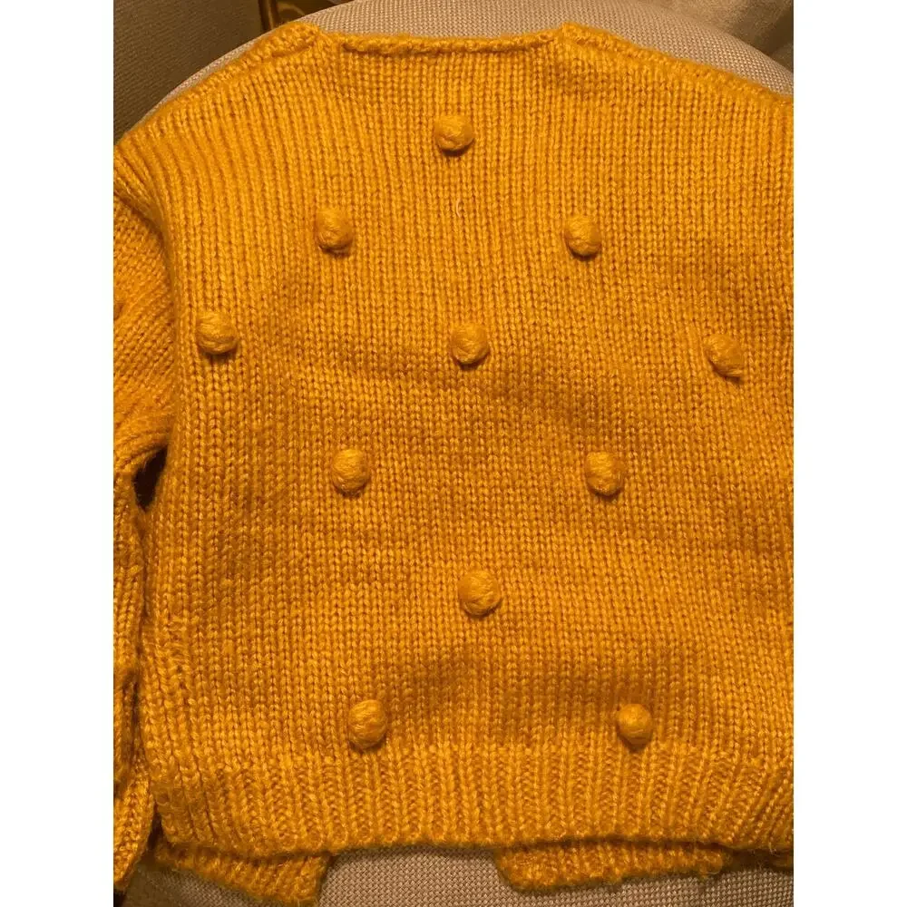 ADORABLE Mustard Yellow Polkadot Pom Pom Cardigan Sweater ~ Size 4/5 ~ Boutique - Picture 3 of 5